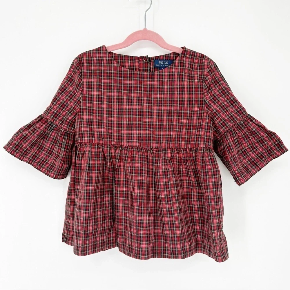 Polo Ralph Lauren Girls' Size 10 Bell-Sleeve Red Plaid Top Holiday Christmas